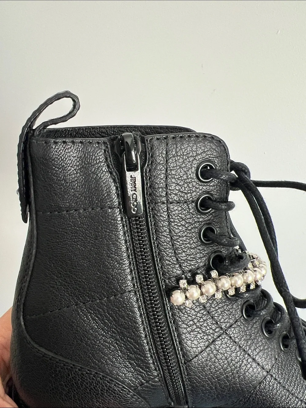 Jimmy Choo cruz crystal faux pearl embellished strap lace-up black leather boots